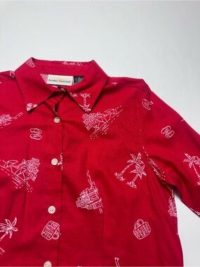 Sunbay Tropical Island Print Button Front Shirt Red Cotton Rayon Blouse Small